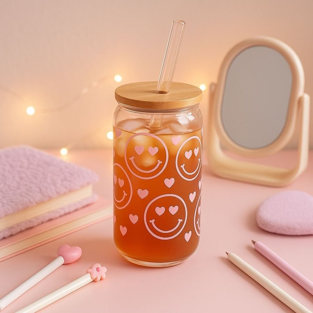 Pink Smiley Face Glass Tumbler 16 oz with Hearts Bamboo Lid and Glass Straw
